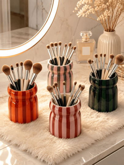 1pc/2pcs INS Style Hand-Painted Dual-ColorStriped Ceramic Storage Tube, Makeup Brush Holder,Eyebrow Pencil, Eyeliner, Lipstick Organizer, DesktopDecor Ornament, Holiday Gift For Family And Friends