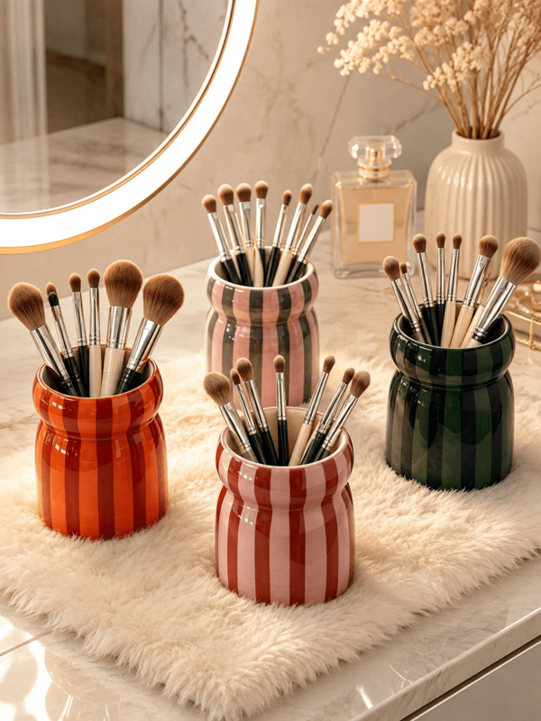 1 pieza/2 piezas Tubo de almacenamiento de cerámica con rayas de doble color pintado a mano estilo INS, soporte para brochas de maquillaje, lápiz de cejas, delineador de ojos, organizador de lápices labiales, adorno de decoración de escritorio, regalo festivo para familia y amigos