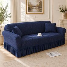 1pc Vintage Woven Jacquard Pattern Skirted Full Cover Elastic Sofa Cover, Dust-Proof & Stain-Resistant, Stretchable One-Piece Full Coverage Sofa Protector, Living Room Home Decor, Machine Washable - Royal Blue - View 8