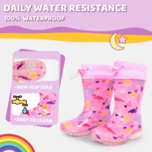 Children's Flamingo Heart Print Drawstring Cuff Glitter Mid-Calf Rain Boots, Waterproof Rubber Boots With Transparent Non-Slip Sole - Hot Pink - View 2