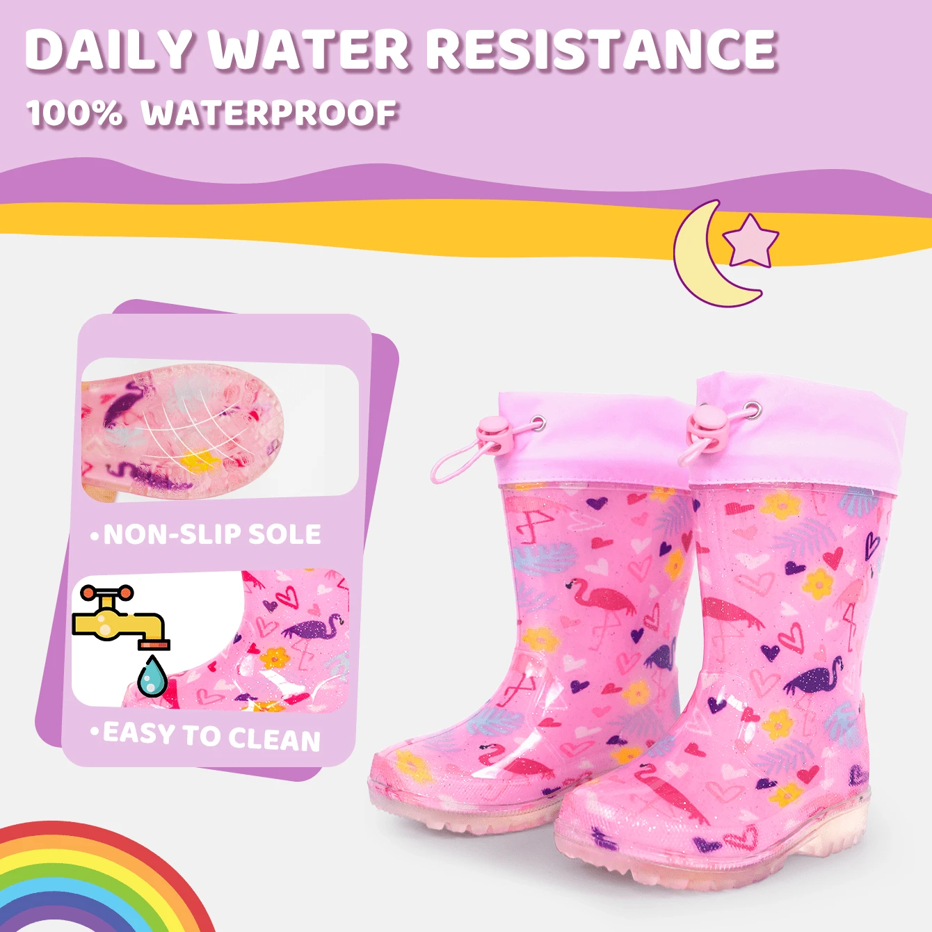 Children's Flamingo Heart Print Drawstring Cuff Glitter Mid-Calf Rain Boots, Waterproof Rubber Boots With Transparent Non-Slip Sole