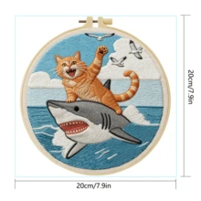 1PC 20*20cm/7.9*7.9in,Cat And Fish Embroidery Kit, DIY Handmade Embroidery Set For Adult Beginners, Home Gift, Women's Sewing Gift, Including User Manual, Printed Pattern Fabric, Embroidery Frame, Needle And Thread. - Cat and Fish - View 4