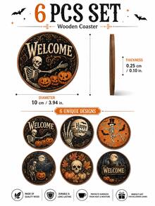 6pcs Halloween Wooden Coasters, 10cm Round Vintage Skull Pumpkin Bat Print Drink Coasters, Gothic Style Halloween Tabletop Decor, Suitable For Parties, Bars, Kitchens And Home - Multicolor - View 6