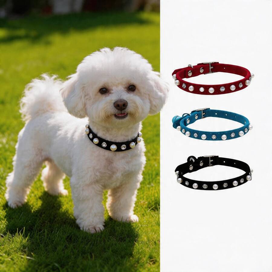 Pet Collar Small Dog Cat Accessory Pearl Rhinestone Adjustable Necklace With Bell Neck Collar Multiple Colors Available - Multicolor - View 1