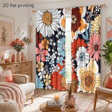 2pcs Vintage Painted Daisy Semi-Sheer Curtains, Bohemian Style Colorful Floral Decorative Fabric Curtains, Suitable For Couple Bedroom, Living Room, Dining Room Window Decor, Room Divider - Multicolor - View 8