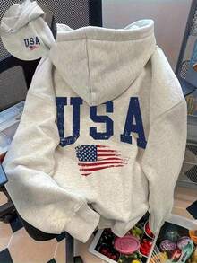 Women's Casual Letter & American Flag Print Long Sleeve Hoodie Sweatshirt, Autumn/Winter-Autumn/Winter New Arrivals:Unisex Loose Hoodie With USA Print - 淺灰色 3 - 查看 14