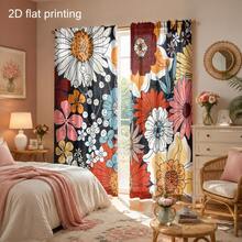 2pcs Vintage Painted Daisy Semi-Sheer Curtains, Bohemian Style Colorful Floral Decorative Fabric Curtains, Suitable For Couple Bedroom, Living Room, Dining Room Window Decor, Room Divider - Multicolor - View 9