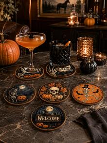 6pcs Halloween Wooden Coasters, 10cm Round Vintage Skull Pumpkin Bat Print Drink Coasters, Gothic Style Halloween Tabletop Decor, Suitable For Parties, Bars, Kitchens And Home - Multicolor - View 5