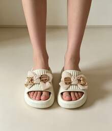 Nuevas sandalias de mujer para el verano con suela gruesa,  Decoración de corazón de diamantes de imitación,sandalias casuales de mujer para vacaciones, viajes, fiestas en la playa, - Champán - Ver 5