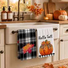 2 buah Handuk Dapur Motif Daun Maple & Kotak-kotak Hitam & Putih, Gaya Rumah Pertanian Pedesaan Musim Gugur, Kain Lembut, Bentuk Persegi Panjang, Cocok untuk Dapur Musim Gugur, Hari Thanksgiving, Musim Panen, Pertemuan Keluarga, Set 4/6/8 buah - MultiWarna - View 2
