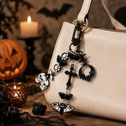 1pc Dark Gothic Skull Cherry Keychain, Bat Cat Paw Beaded Pendant, Unique Bag Charm Accessory Gift