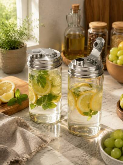 2pcs/1pc Regular Mouth Mason Jar Stainless Steel Pour Spout Lid, Reusable Mason Jar Lid, Fits 70MM Ball Wide Mouth Mason Jar, Leak-Proof Seal, Suitable For Drinking, Salad Dressing And Food Storage