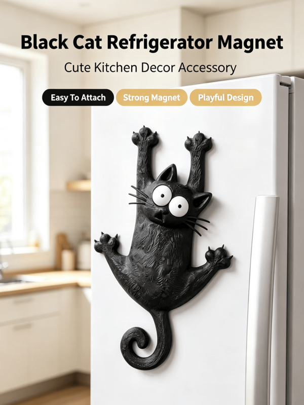 Cute Black Cat Fridge Magnet, Resin Animal Fridge Sticker, Suitable For Home Kitchen Decor, Kitchen Refrigerator, Message Board, Metal Cabinet Decoration
