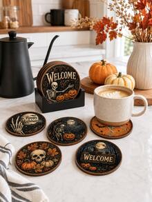 6pcs Halloween Wooden Coasters, 10cm Round Vintage Skull Pumpkin Bat Print Drink Coasters, Gothic Style Halloween Tabletop Decor, Suitable For Parties, Bars, Kitchens And Home - Multicolor - View 3