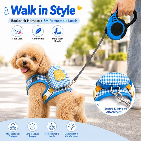 Arnês Xadrez Fofo para Cachorro com Mini Mochila & Conjunto de Guia Retrátil 3M, Colete Macio Ajustável para Passeio de Animais de Estimação para Cães Pequenos e Médios