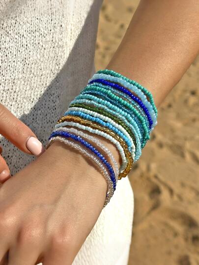 Juego de 16 piezas/Set de pulseras de cuentas minimalistas y coloridas, brazaletes de joyería hechos a mano, adecuados para el uso diario de las mujeres