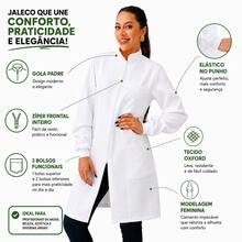 Jaleco Feminino Oxford Ziper, Branco, Manga Longa, Com Punho, Acinturado, Gola Padre, Avental - Branco - Visão 3