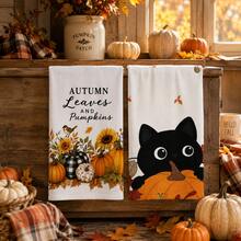 2pcs Black Cat & Pumpkin Pattern Kitchen Towels, Fun Autumn Country Style Soft Fabric Rectangular Maple Leaf Sunflower Hello Pumpkin Print Absorbent Hand Towels, Suitable For Kitchen, Dining Room, Halloween, Thanksgiving, Autumn Gathering, Harvest Season, Home Decor - Multicolor - View 3