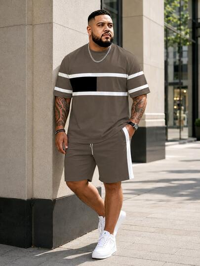 2 pezzi/set Completo casual estivo per uomo taglia grande e alta, marrone cachi + parte superiore e inferiore a blocchi di colore a righe, abbigliamento sportivo casual rilassato