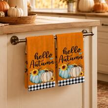 2pcs Orange Autumn Pumpkin Print Kitchen Towels, Rustic Farmhouse Style Rectangular Absorbent Hand Towels, Hello Autumn Lettering, Sunflower And Black & White Plaid Design, Suitable For Thanksgiving Kitchen Decor 4/6/8pcs Set - Multicolor - View 5