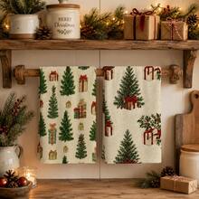2pcs Off-White Christmas Tree Gift Pattern Kitchen Towels, Vintage Christmas Tree Red Bow Gift Box Full Print Decorative Tea Towels, Suitable For Christmas, Christmas Party, Winter Kitchen, Holiday Home Decor, 4/6/8pcs Combination Pack - Multicolor - View 2
