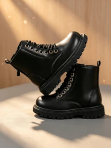 Children's Ankle Boots, Front Lace-Up + Back Zipper, Thick Serrated Sole, PU Leather Boys & Girls Boots - Black - View 1