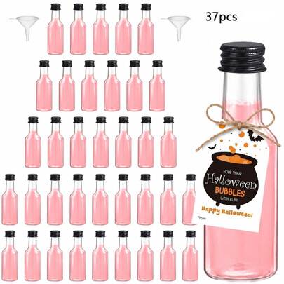 3/37pcs 25/50ml Mini Wine Bottles, Beverage Dispensing Empty Plastic Bottles With Funnel And Labels, Reusable, Suitable For Halloween Party, Haunted House Decor, Birthday Party, Wedding, Bar And Seasonal Home Events Cocktail Filling