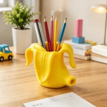 1pc Creative Banana Shaped Pen Holder, Cute & Quirky Desktop Organizer, Suitable For Children's Office Supplies, Student Stationery Pen Holder - A - View 2