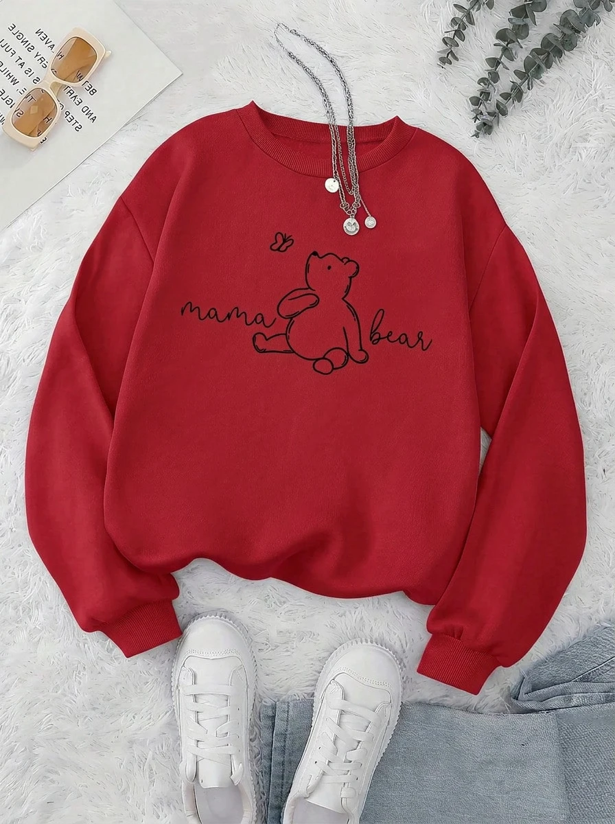 2026 Valentine Women Sweatshirt, White Bear Mom & Bear Hug Print Crew Neck Soft Long Sleeve Pullover, Maternity‑Friendly For Spring Autumn Winter - 紅色 - 查看 1