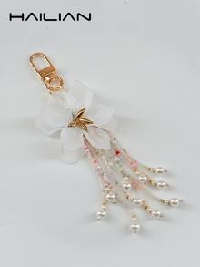 HAILIAN 1pc Boho White Flower Beaded Tassel Bag Charm Cute Pearl Purse Pendant For Women,Key Rings - White - View 6