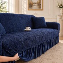 1pc Vintage Woven Jacquard Pattern Skirted Full Cover Elastic Sofa Cover, Dust-Proof & Stain-Resistant, Stretchable One-Piece Full Coverage Sofa Protector, Living Room Home Decor, Machine Washable - Royal Blue - View 2