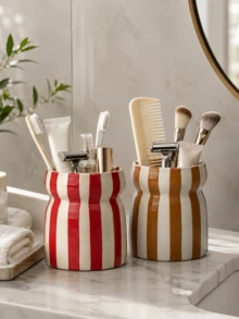 1pc Striped Multi-Function Storage Cup, Large Capacity Toothbrush, Toothpaste, Makeup Brush And Cosmetic Organizer, Suitable For Bathroom Vanity, Dressing Table And Desktop Storage - 1PC - View 4