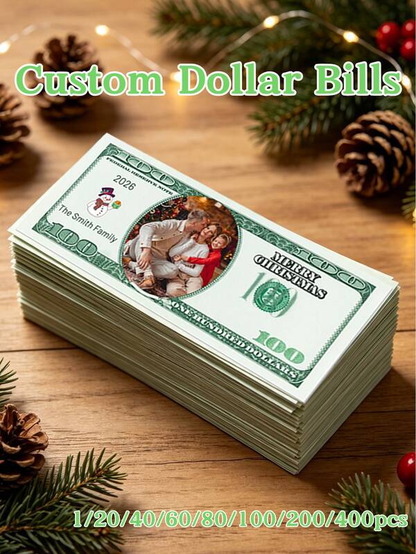 1/20/40/60/80/100/200/400Pcs Custom Photo Christmas Dollar Bills, Personalized Custom 100 Dollar Bill Prop, Merry Christmas Novelty Party Favor, Xmas Stocking Stuffer Gift, Holiday Family Souvenir Keepsake, Christmas Party & Winter Celebration Events