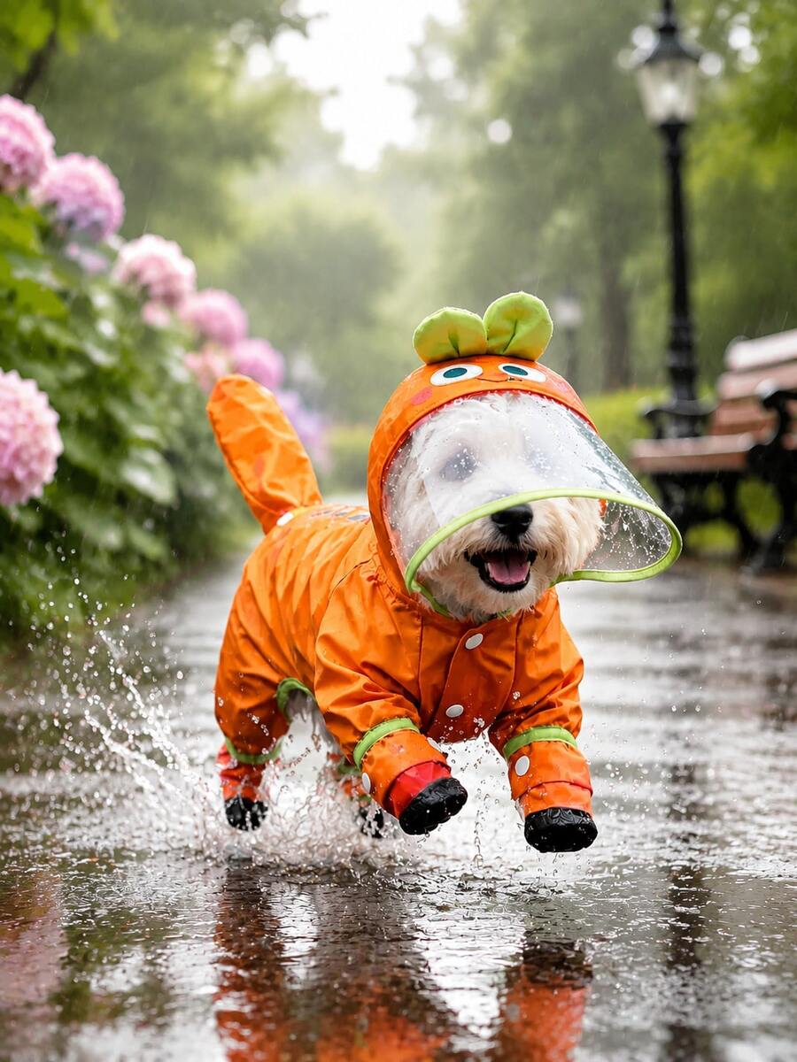 1pc Orange Printed Dog Raincoat, Cute Cartoon Style Waterproof Polyester Fiber With TPU Lining, Full Body Four-Paw Design, With Transparent Hood Brim, Leash Hole And Boot Shaft, Suitable For Small Dogs Like Teddy, Bichon Frise And Others For Rainy Days And All Seasons - Multicolor - View 1