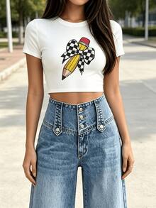 Pencil Checkered Bow Graphic Crop Top For Women, Cute Short Sleeve Fitted Cropped T‑Shirt, Soft Stretchy Summer Back To School Tops - 白色 - 查看 3