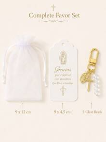 1 Set/10 Sets/20 Sets Spanish Baby Baptism Favor Set, White Gauze Gift Bag + Gold Virgin Mary Cross Keychain + Gracias Thank You Card, Baptism Baby Party Decoration, Church Baptism Memorial Gift, Guest Favor, Religious Blessing Small Gift, Suitable For Boy/Girl Baptism Banquet, Mexican Family Gathering, US Latino Baby Shower, Catholic Sacrament Celebration Table Decor And Bulk Distribution - Multicolor - View 5