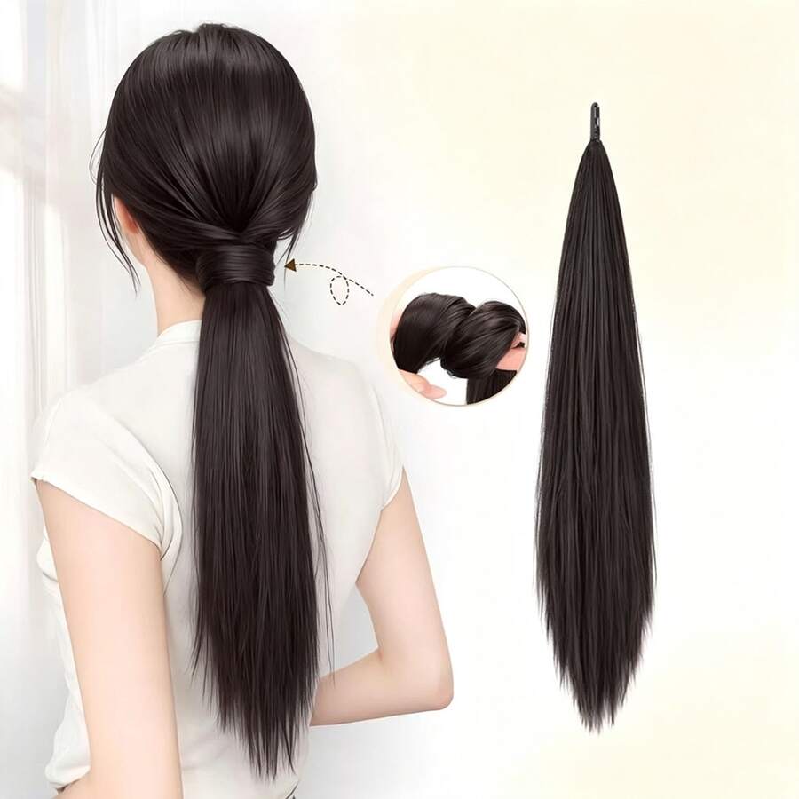Magic Wand Ponytail Hair Extension For Women, Low Ponytail Long Straight Hair, Big Wavy Curly Hair, Natural Ponytail Short Braid Hair Accessory - Coffee Brown - View 1