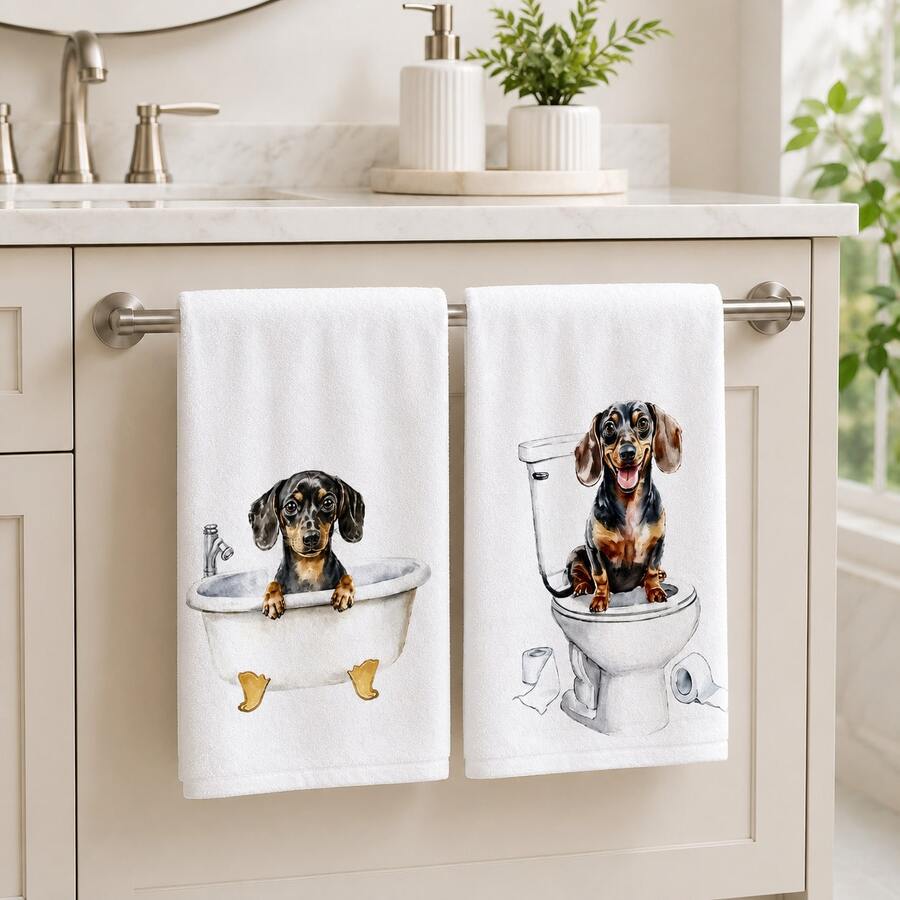 2pcs White Dachshund Pattern Bathroom Towels, Fun Cartoon Style Soft Fabric Rectangular Bathtub Toilet Dog Print Absorbent Hand Towels, Suitable For Bathroom, Washroom, Guest Bathroom, Housewarming Celebration, Daily Home Use, 4/6/8pcs Combination Pack - Multicolor - View 1