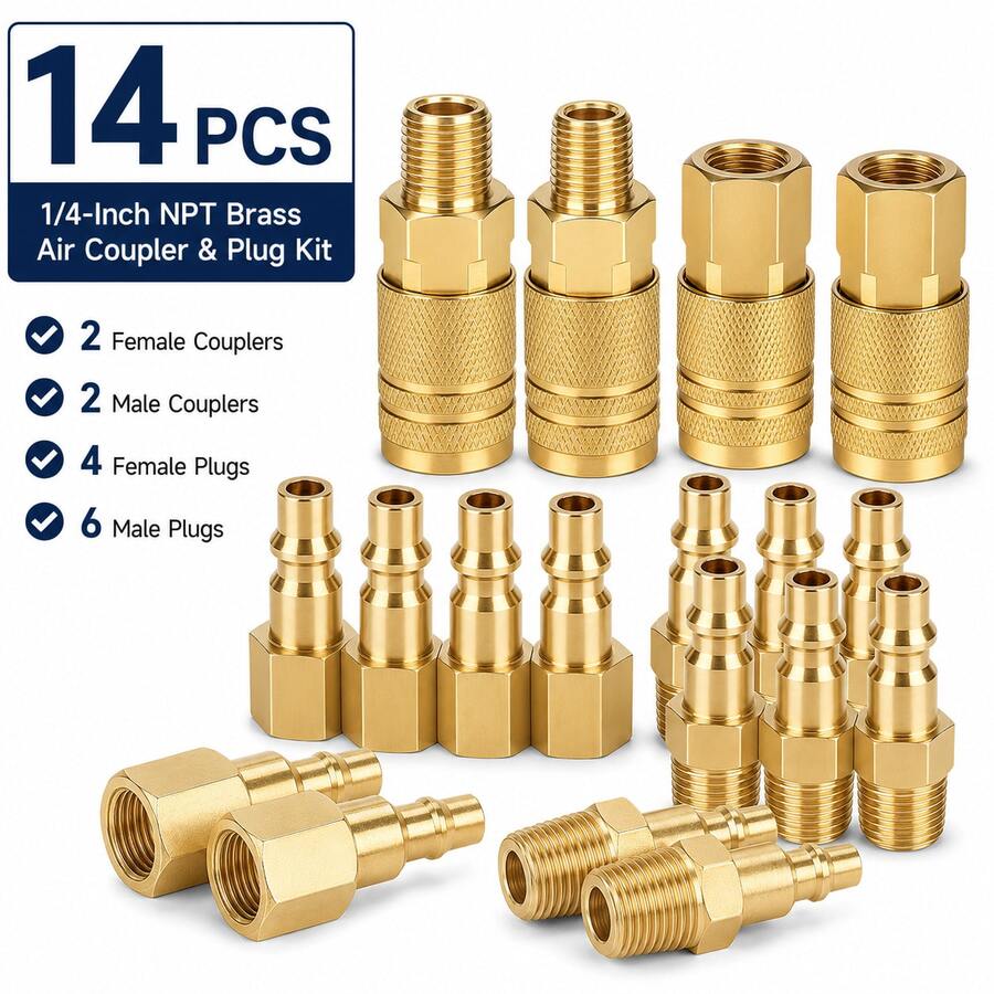 14-Piece Brass Air Coupler And Plug Kit, 1/4-Inch NPT Fittings - 14 PCS - View 1