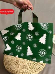 Christmas Style Green Background Snow Tree Tote Bag, Gift Bag, Shopping Bag, Fully Allover Print White Christmas Tree And Snowflake Pattern, Rich And Fresh Christmas Atmosphere, Suitable For Christmas Gifts, Small Businesses, Party Favors - Multiple Styles - View 9