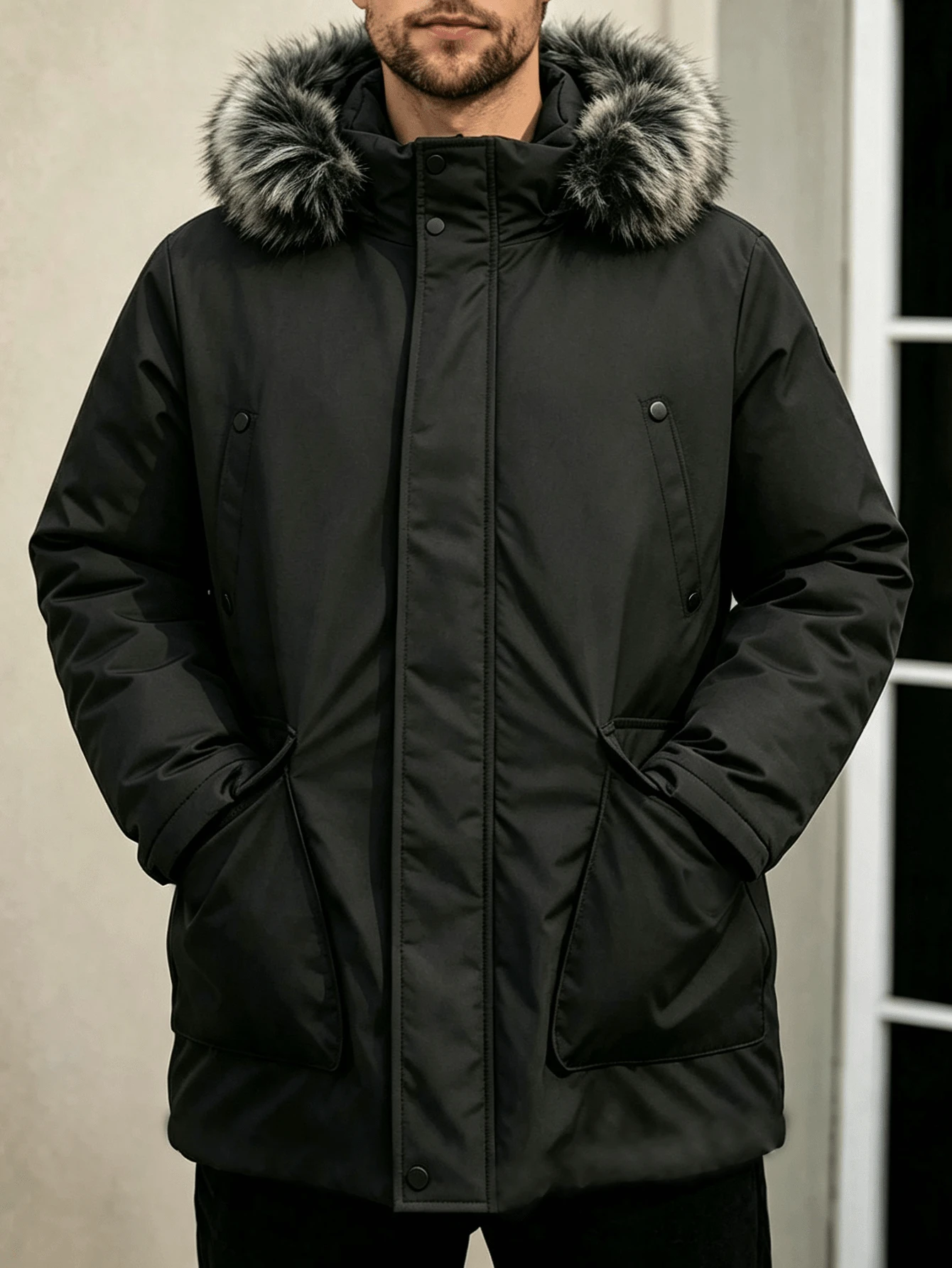 Men's Hooded Fur Collar Loose Padded Coat, Winter - Black - View 1
