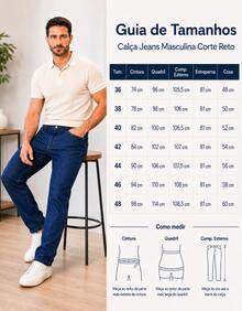 Calça jeans masculina de corte reto com bolsos, fechamento frontal longo com botões (sem elastano). - Lavagem escura - Visão 6