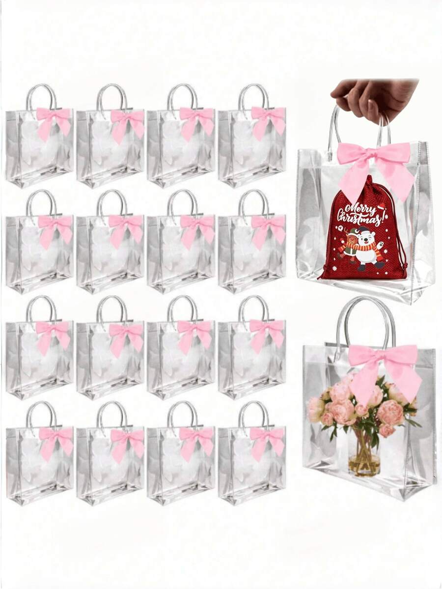 10pcs Transparent Plastic Gift Bags With Ribbon Bows, Reusable, Suitable For Weddings, Birthdays, Baby Shower Parties - Multiple Styles - View 1