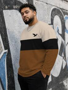 Men's Plus Size Casual Crew Neck Long Sleeve T-Shirt, Polyester Knit Fabric, Comfortable And Breathable, Fashionable Streetwear "Colorblock Patchwork Flying Bird" Pattern, Casual Street Design Fresh Series, Novel Personalized Top - Multicolor - View 1