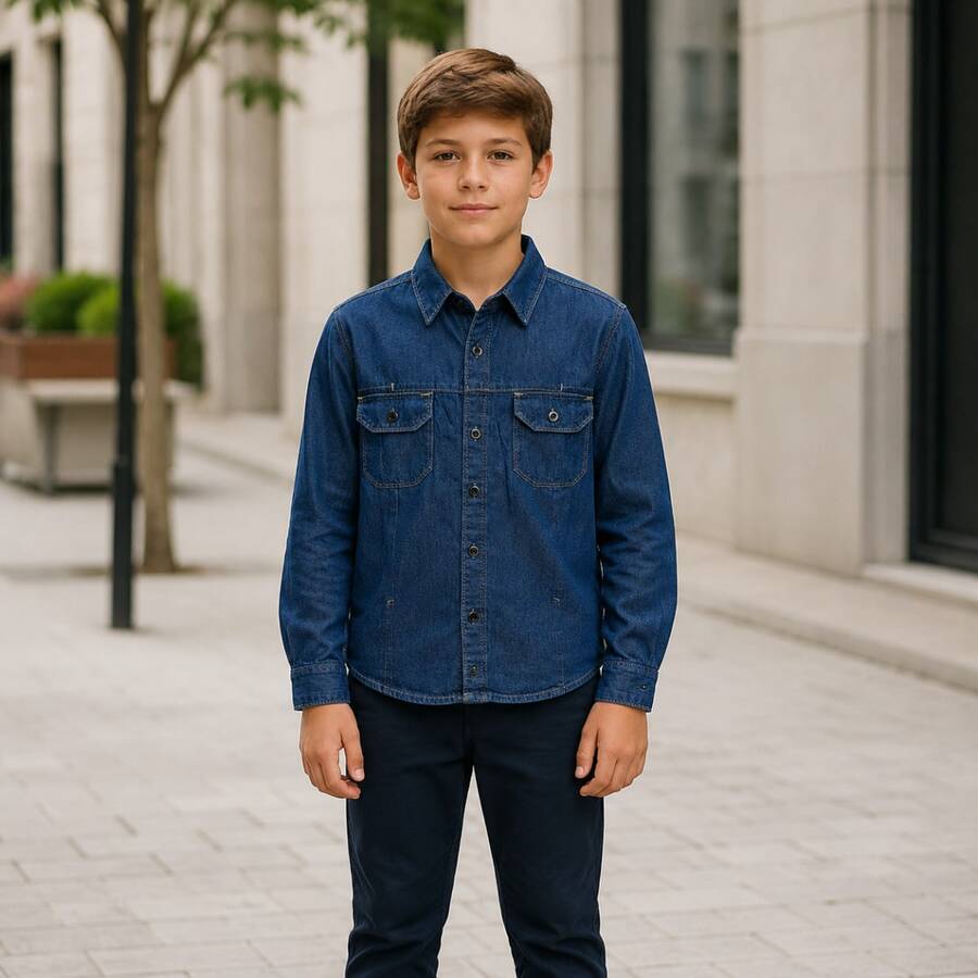 Camisa Jeans Infantil/Juvenil Masculina Manga Longa Estilosa 10 ao 16