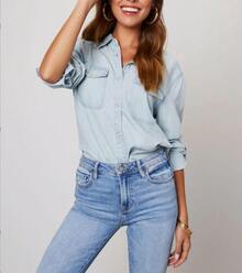 Women's Collared Denim Button Down Shirt Chest Patch Pockets Roll Tab Long Sleeve Loose Fit Casual Blouse Street Shopping Vacation Daily Basic Top - Light Blue - View 1
