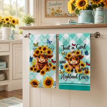 2pcs Blue Green White Plaid Highland Cow Sunflower Kitchen Towels, Cute Country Farmhouse Style Soft Microfiber Rectangular Printed Absorbent Quick Dry Hand Towels, Suitable For Kitchen Decor, Holiday Gifts 4/6/8pcs Set - Multicolor - View 4