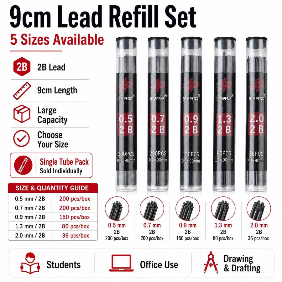 0.5/0.7/0.9/1.3/2.0mm 2B Lead Pencil Refills, High Capacity, Erasable, Smooth Writing And Drawing, Precision Writing Tool, School Supplies