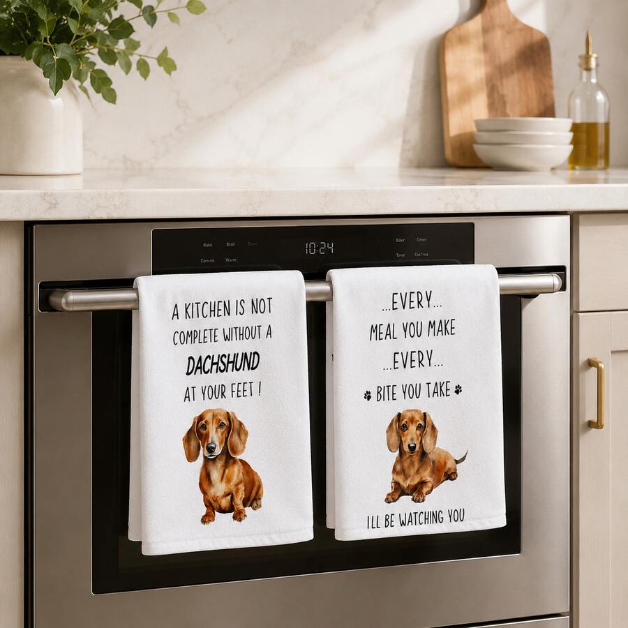 2pcs White Dachshund Funny Text Pattern Kitchen Towels, Modern Minimalist Pet Style Soft Fabric Rectangular Printed Absorbent Hand Towels, Suitable For Kitchen, Baking Area, Pet Home Party, Daily Home Decor 4/6/8pcs Set - Multicolor - View 1