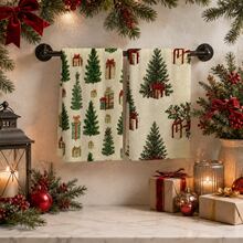 2pcs Off-White Christmas Tree Gift Pattern Kitchen Towels, Vintage Christmas Tree Red Bow Gift Box Full Print Decorative Tea Towels, Suitable For Christmas, Christmas Party, Winter Kitchen, Holiday Home Decor, 4/6/8pcs Combination Pack - Multicolor - View 5